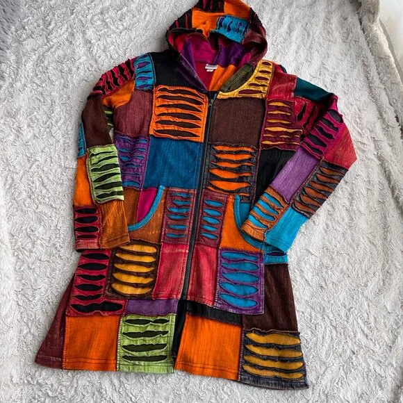 Vintage Y2K patchwork rainbow distressed razor cut hoodie jacket sweater S M