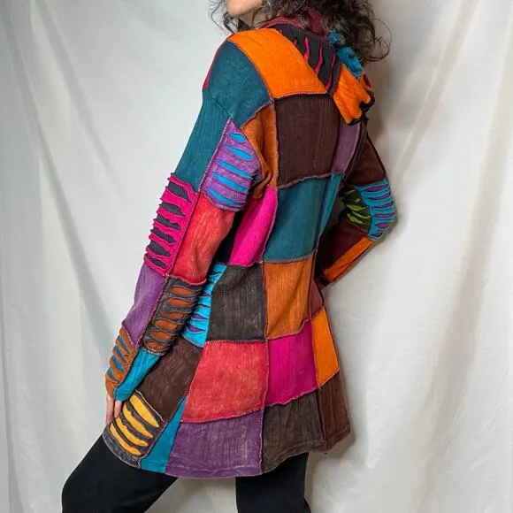 Vintage Y2K patchwork rainbow distressed razor cut hoodie jacket sweater S M