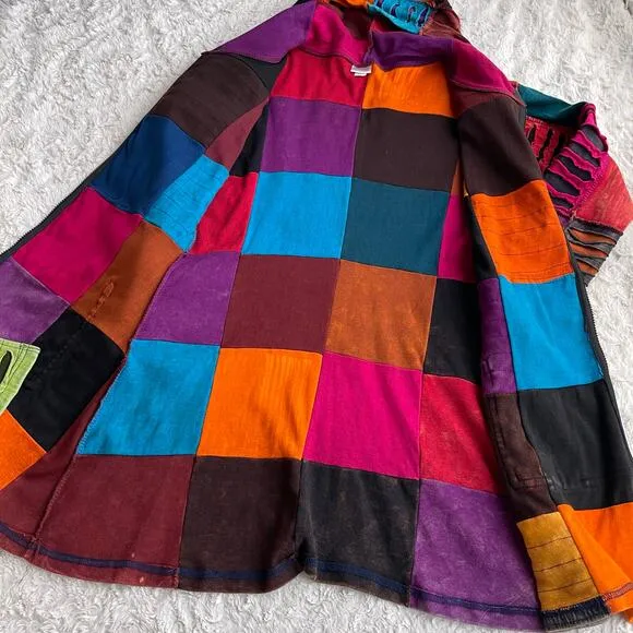 Vintage Y2K patchwork rainbow distressed razor cut hoodie jacket sweater S M
