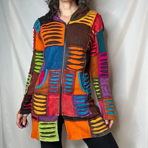 Vintage Y2K patchwork rainbow distressed razor cut hoodie jacket sweater S M