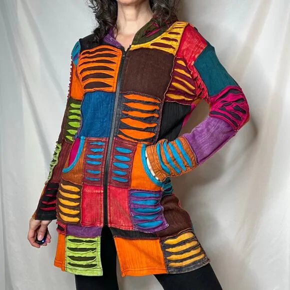 Vintage Y2K patchwork rainbow distressed razor cut hoodie jacket sweater S M