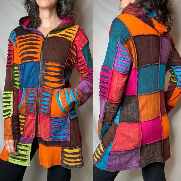 Vintage Y2K patchwork rainbow distressed razor cut hoodie jacket sweater S M