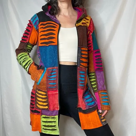 Vintage Y2K patchwork rainbow distressed razor cut hoodie jacket sweater S M