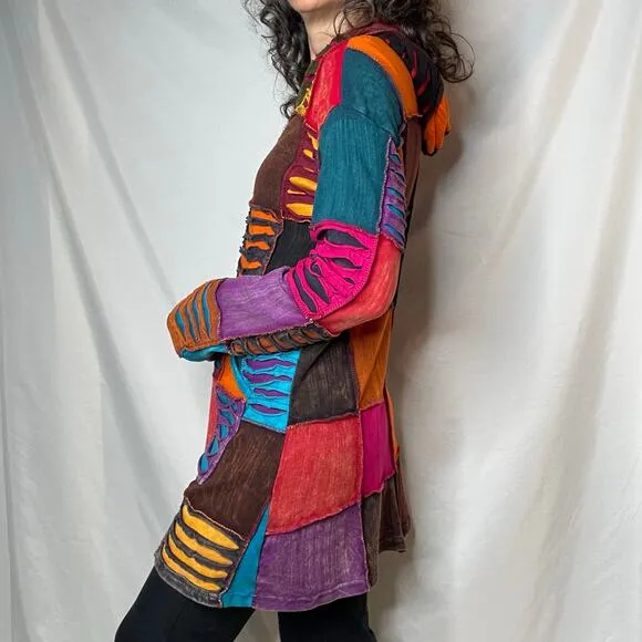 Vintage Y2K patchwork rainbow distressed razor cut hoodie jacket sweater S M