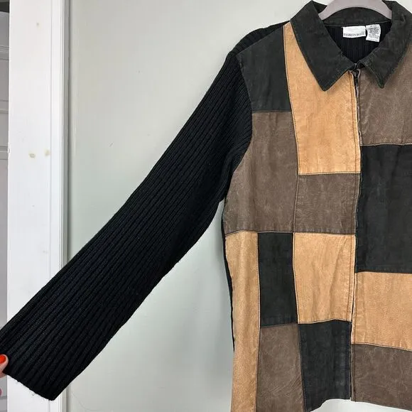 Vtg Fashion Bug Leather Patchwork Sweater Jacket Women 18/20 Neutral Grunge Y2K