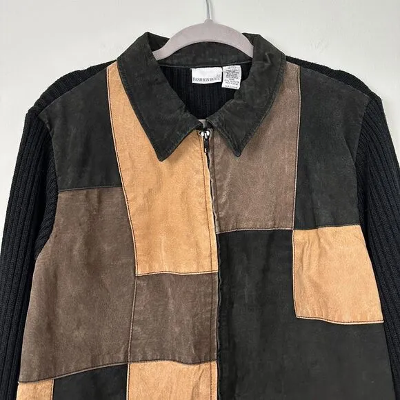 Vtg Fashion Bug Leather Patchwork Sweater Jacket Women 18/20 Neutral Grunge Y2K