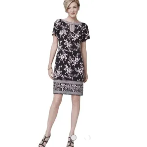WHBM Black White Pink Floral Print Knit Shift Dress Size XXS