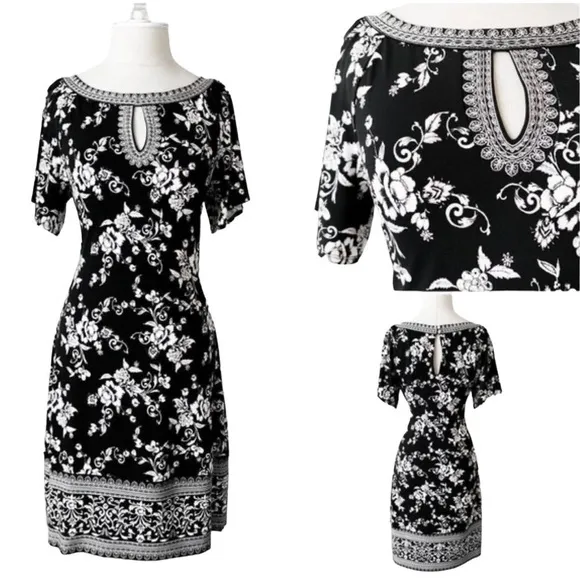 WHBM Black White Pink Floral Print Knit Shift Dress Size XXS