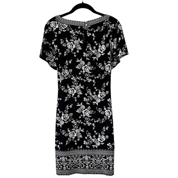 WHBM Black White Pink Floral Print Knit Shift Dress Size XXS
