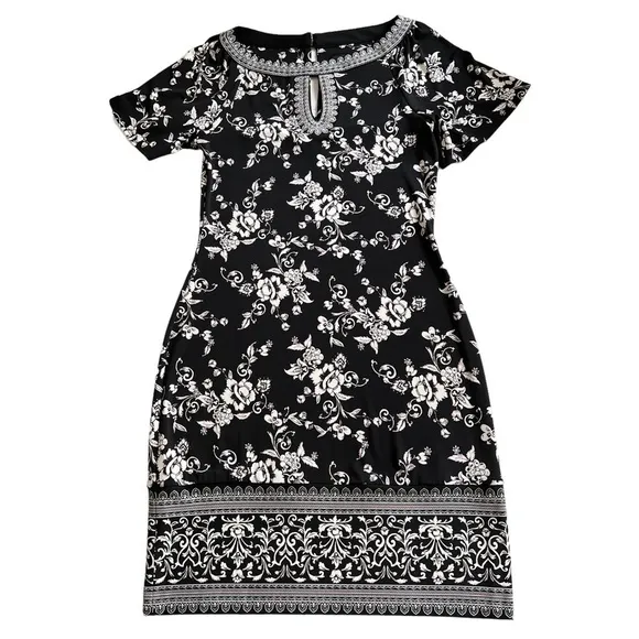 WHBM Black White Pink Floral Print Knit Shift Dress Size XXS