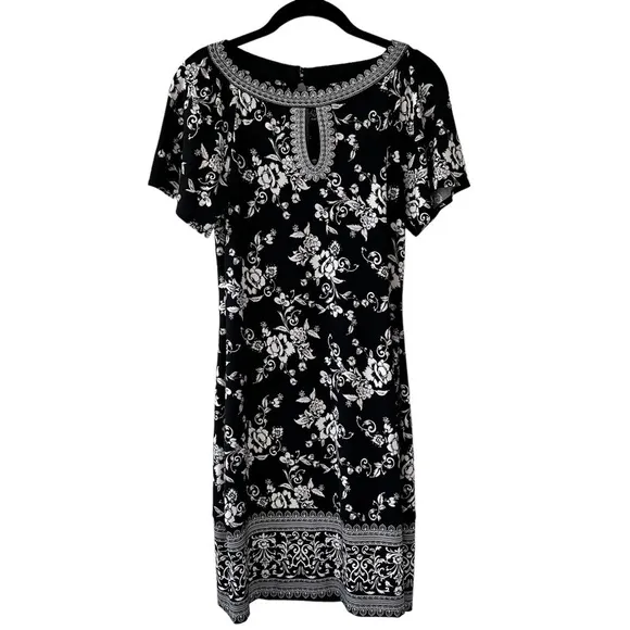 WHBM Black White Pink Floral Print Knit Shift Dress Size XXS