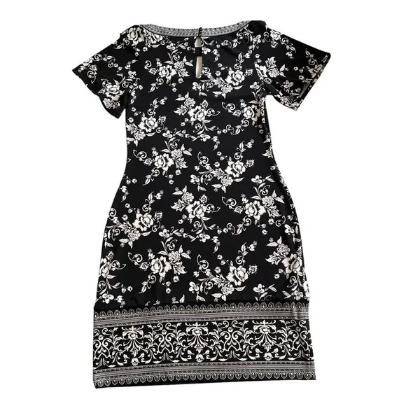 WHBM Black White Pink Floral Print Knit Shift Dress Size XXS