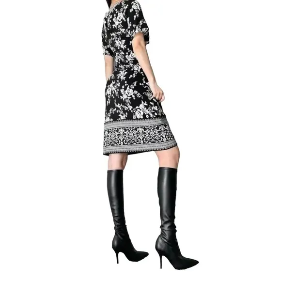 WHBM Black White Pink Floral Print Knit Shift Dress Size XXS