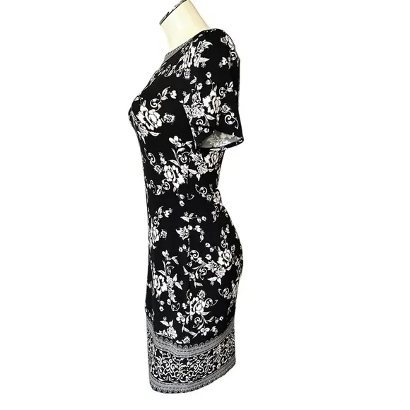 WHBM Black White Pink Floral Print Knit Shift Dress Size XXS