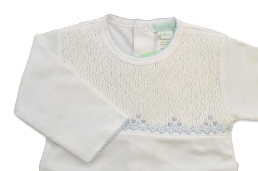 White Full Smocked Footie with Blue Trim