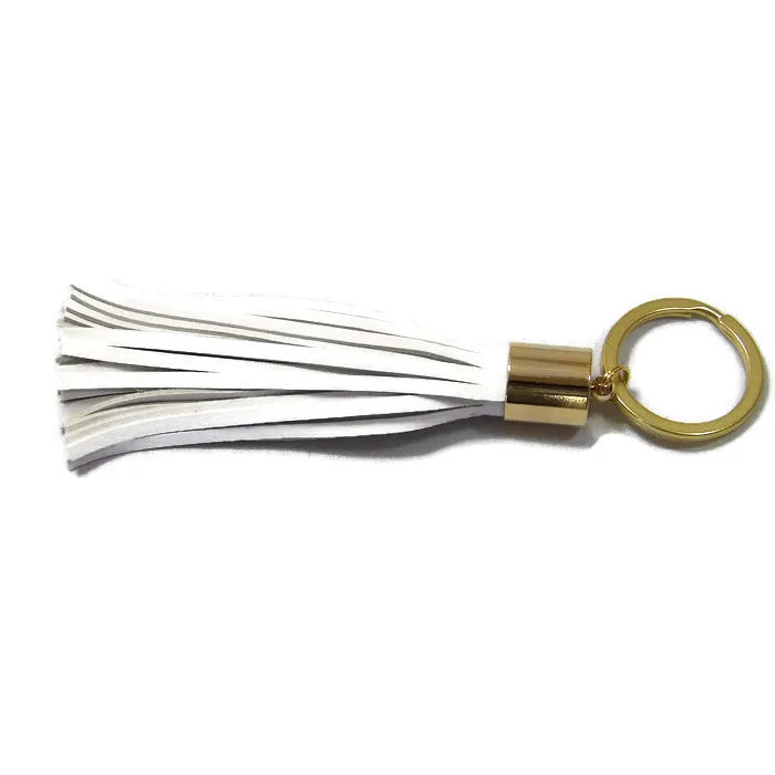 White Lambskin Leather Tassel Keychain with 14k Gold Plated Brass Top Free Gift Wrap