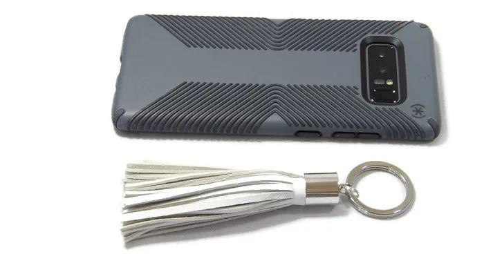White Lambskin Leather Tassel Keychain with Rhodium Plated Brass Top Free Gift Wrap