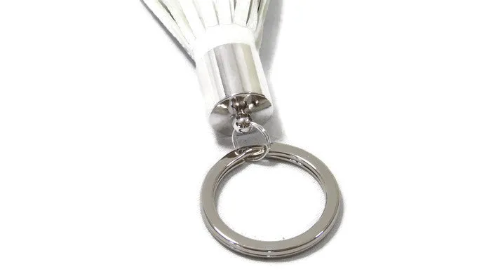 White Lambskin Leather Tassel Keychain with Rhodium Plated Brass Top Free Gift Wrap