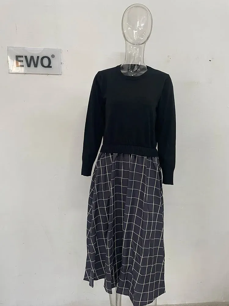 Winter Sweater Patchwork Dresses Women Black Long Sleeve Slim Plaid Contrast Knit Dresses