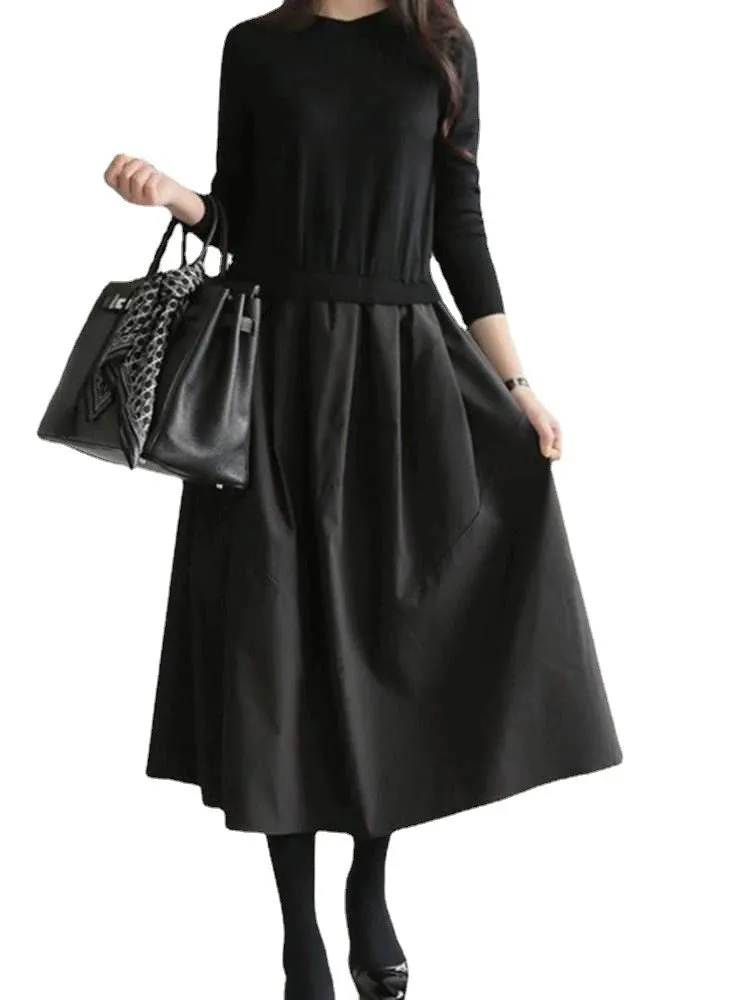 Winter Sweater Patchwork Dresses Women Black Long Sleeve Slim Plaid Contrast Knit Dresses