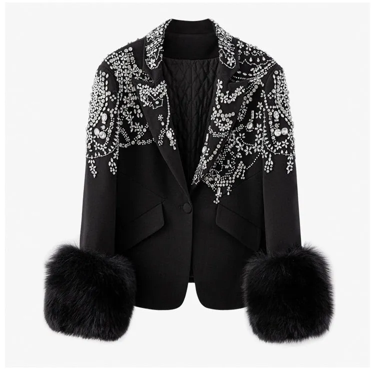 Women Black Patchwork Diamonds Hairy Blazer Jacket