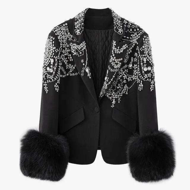 Women Black Patchwork Diamonds Hairy Blazer Jacket