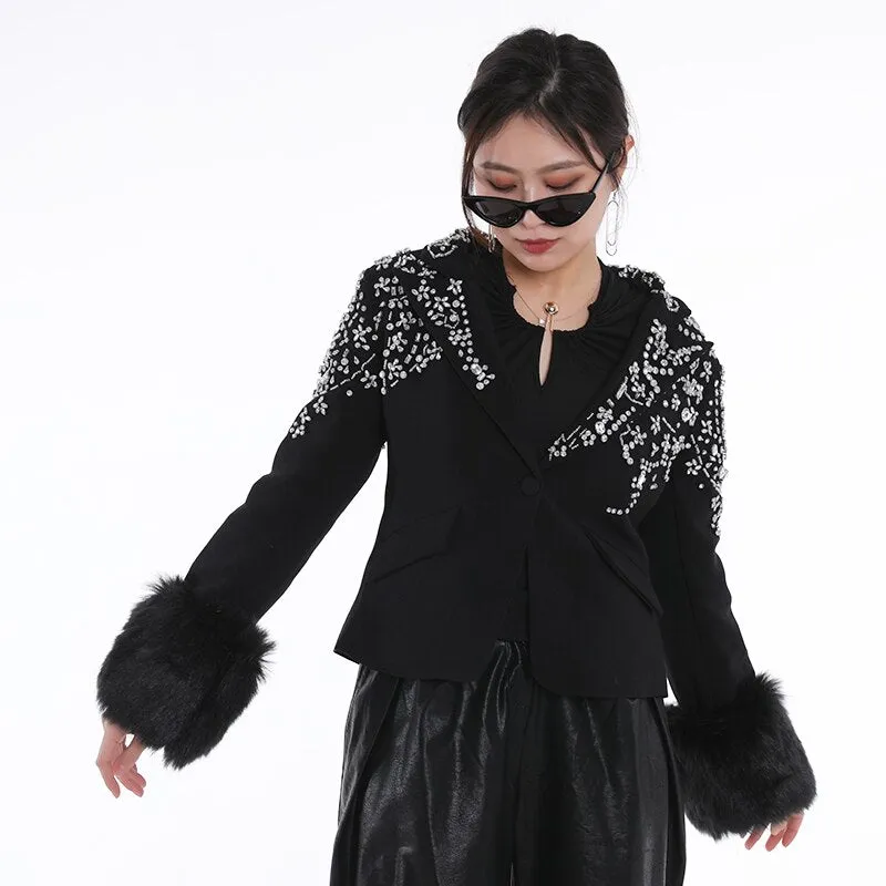 Women Black Patchwork Diamonds Hairy Blazer Jacket