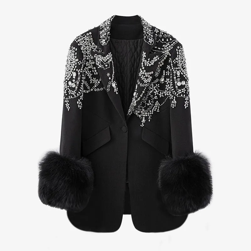 Women Black Patchwork Diamonds Hairy Blazer Jacket