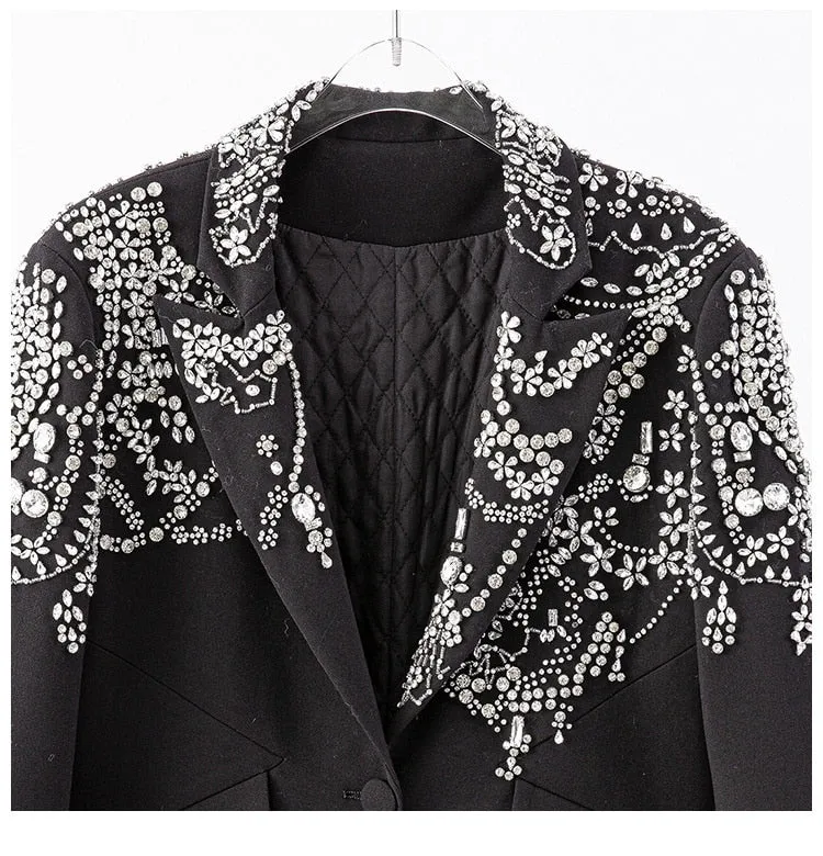 Women Black Patchwork Diamonds Hairy Blazer Jacket