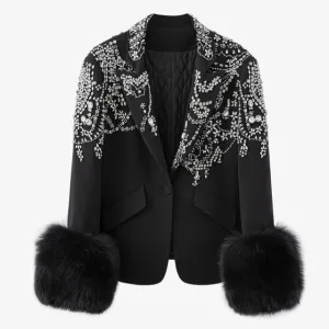 Women Black Patchwork Diamonds Hairy Blazer Jacket