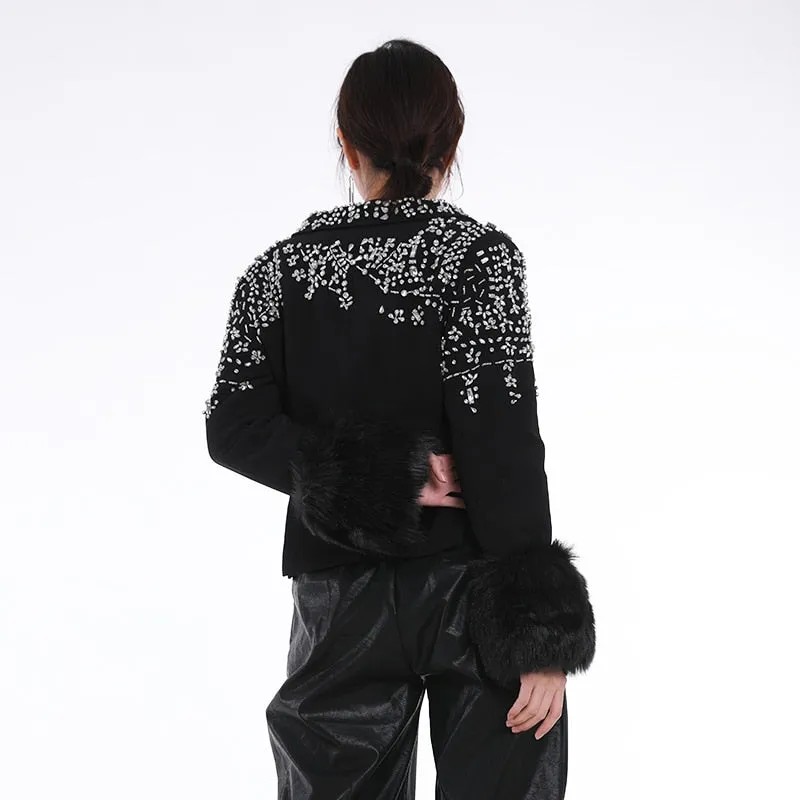 Women Black Patchwork Diamonds Hairy Blazer Jacket