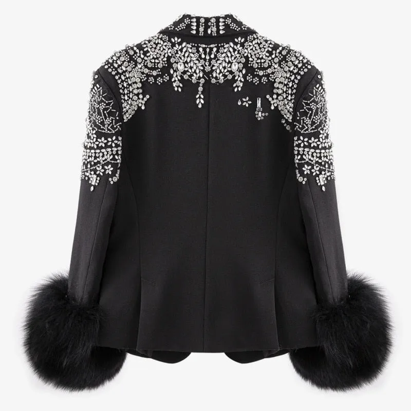 Women Black Patchwork Diamonds Hairy Blazer Jacket