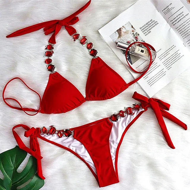 Women  Crystal Diamond Bikini Set Metal Chain Swimwear