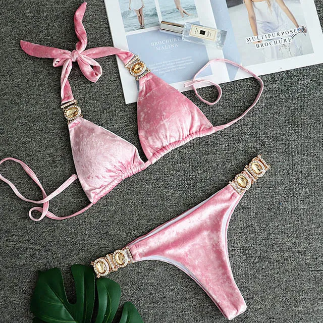 Women  Crystal Diamond Bikini Set Metal Chain Swimwear