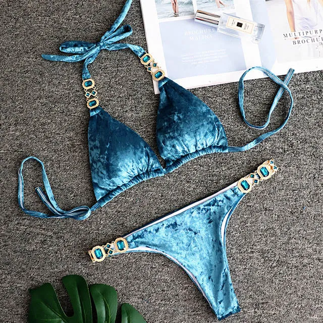 Women  Crystal Diamond Bikini Set Metal Chain Swimwear