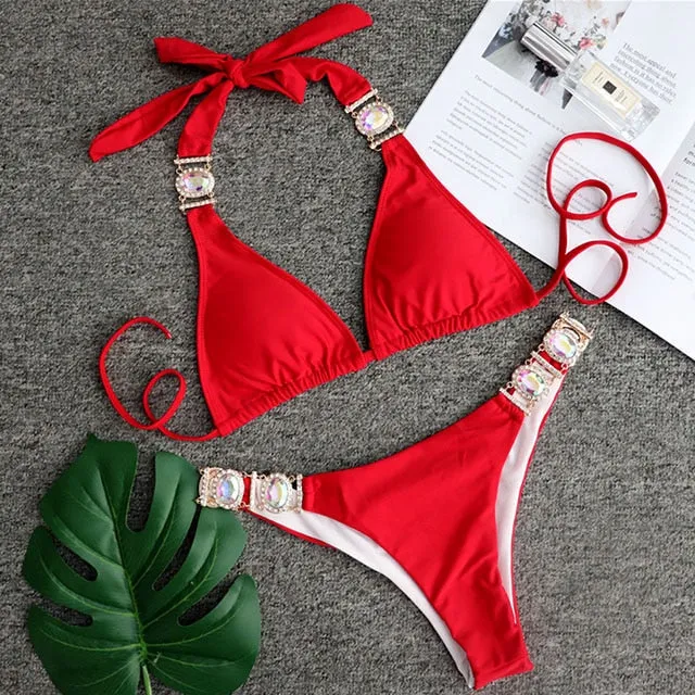 Women  Crystal Diamond Bikini Set Metal Chain Swimwear