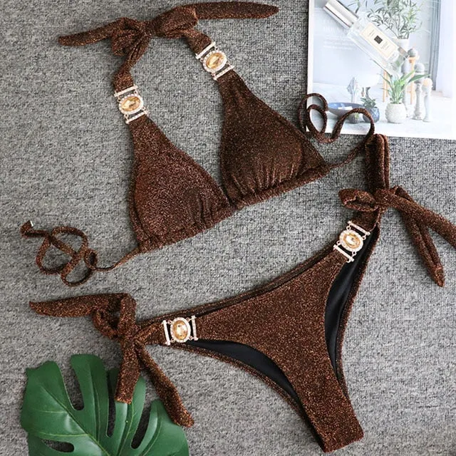 Women  Crystal Diamond Bikini Set Metal Chain Swimwear