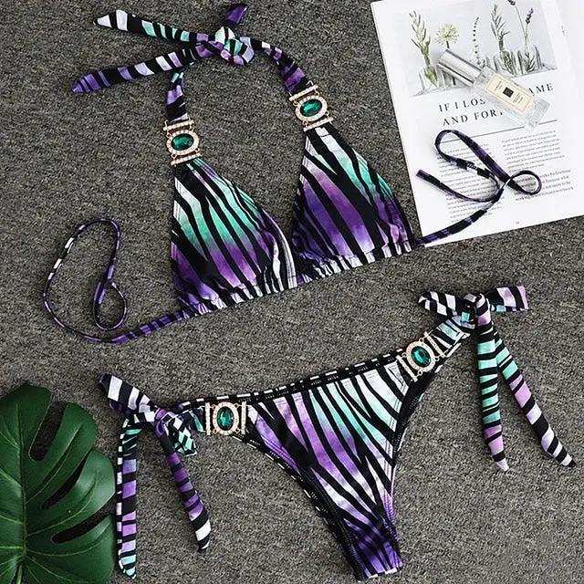 Women  Crystal Diamond Bikini Set Metal Chain Swimwear