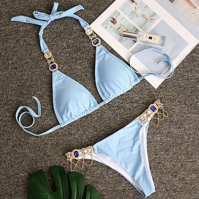Women  Crystal Diamond Bikini Set Metal Chain Swimwear