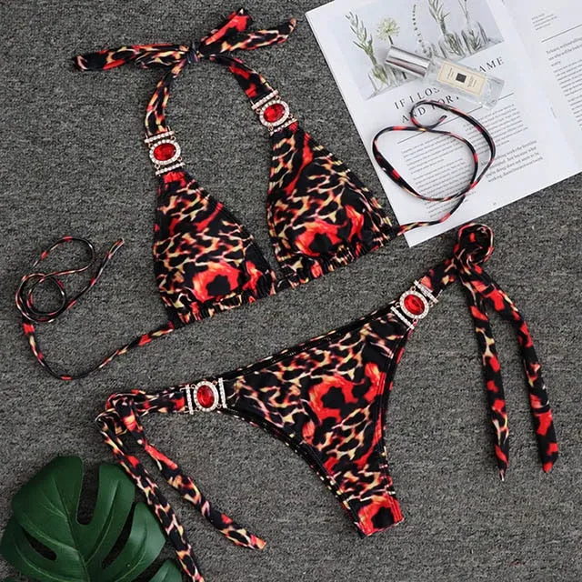 Women  Crystal Diamond Bikini Set Metal Chain Swimwear