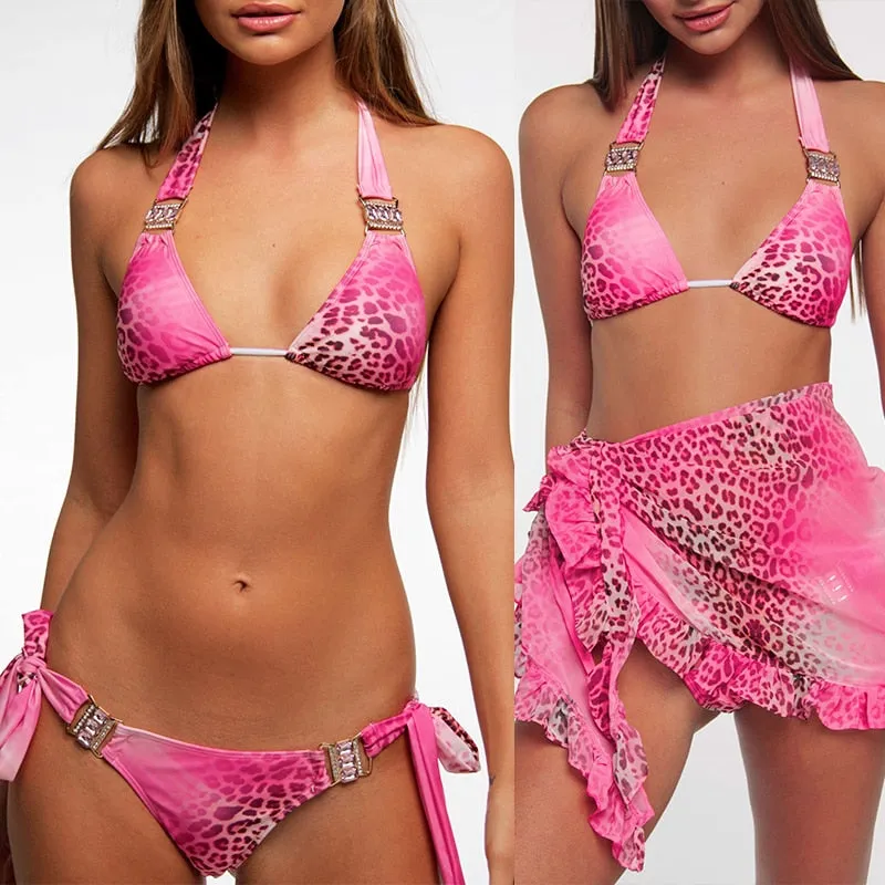 Women  Crystal Diamond Bikini Set Metal Chain Swimwear