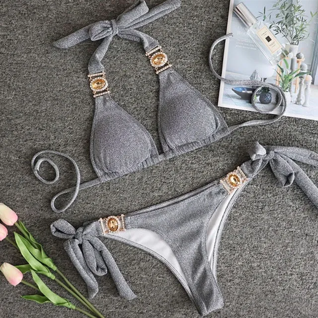 Women  Crystal Diamond Bikini Set Metal Chain Swimwear