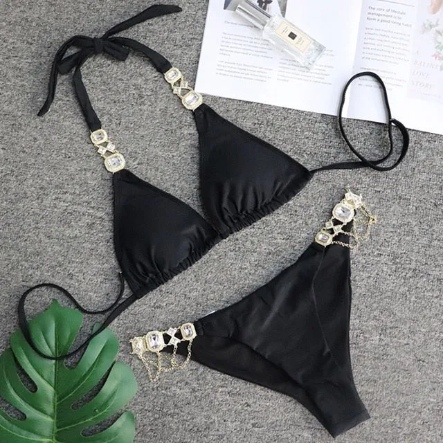 Women  Crystal Diamond Bikini Set Metal Chain Swimwear