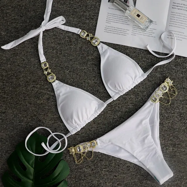 Women  Crystal Diamond Bikini Set Metal Chain Swimwear