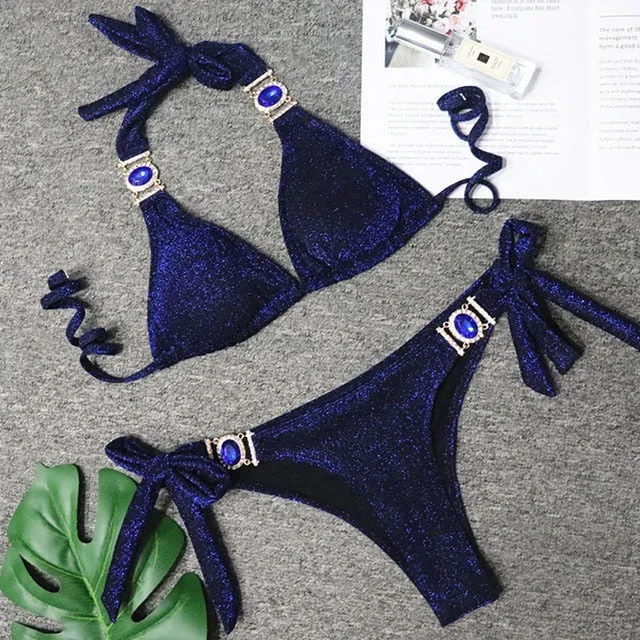 Women  Crystal Diamond Bikini Set Metal Chain Swimwear