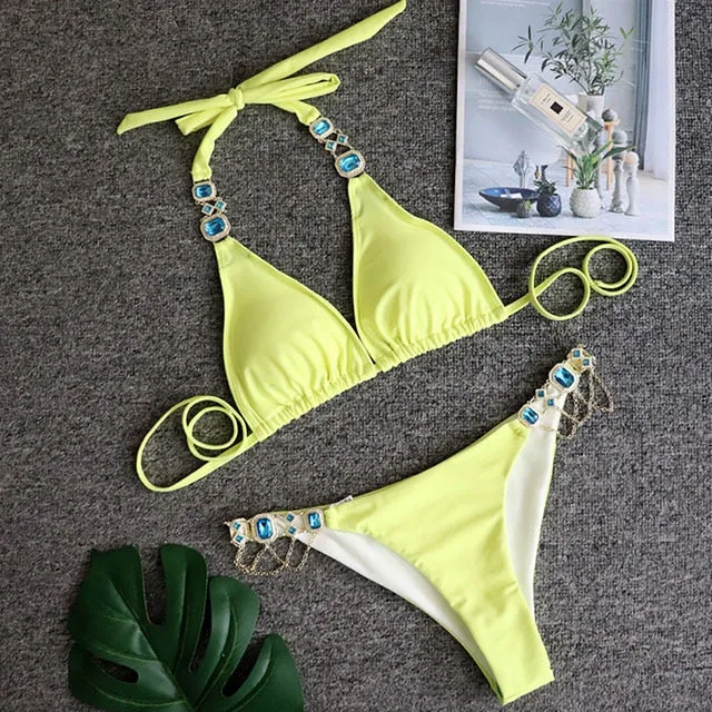 Women  Crystal Diamond Bikini Set Metal Chain Swimwear