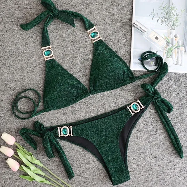 Women  Crystal Diamond Bikini Set Metal Chain Swimwear
