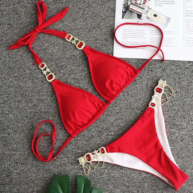 Women  Crystal Diamond Bikini Set Metal Chain Swimwear