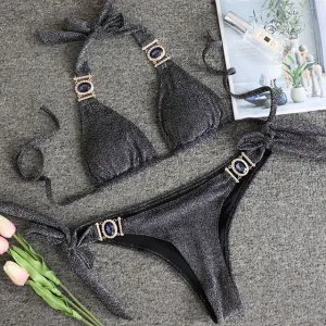 Women  Crystal Diamond Bikini Set Metal Chain Swimwear