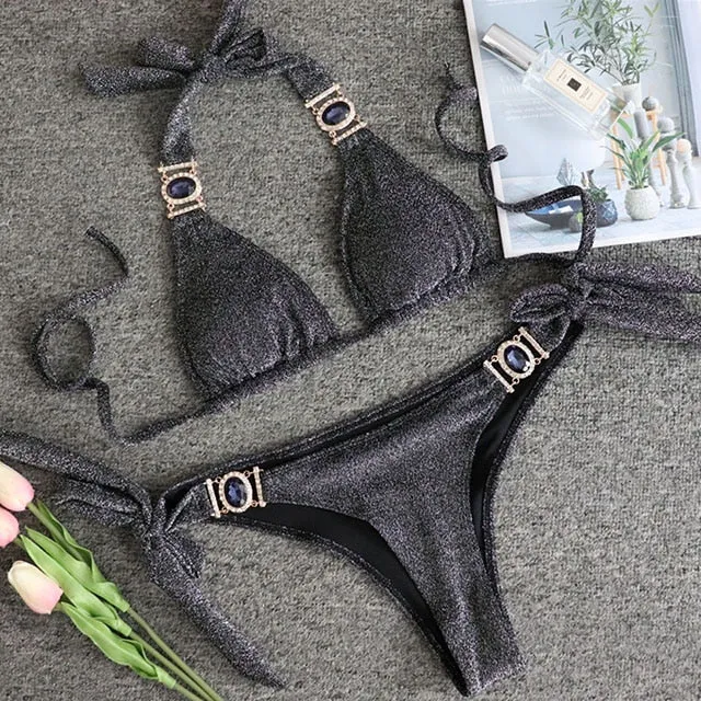 Women  Crystal Diamond Bikini Set Metal Chain Swimwear